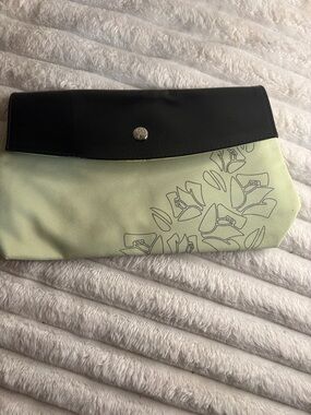 Lancome Black and Pale Green Floral Foldover Clutch